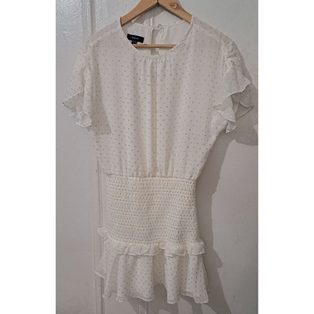 Aqua Womens Small White Gold Coquette Ballet Mini Dress Smocked